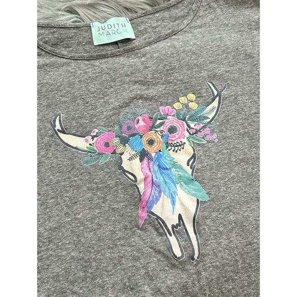 Judith March Anthropology Steer Head Floral Fringe T Size Medium - Picture 2 of 4